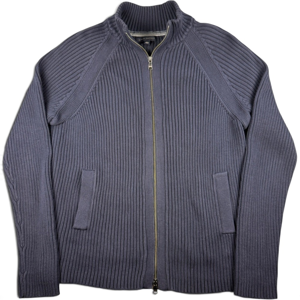 Banana Republic English Rib Cardigan Sweater Mens L Navy Blue Double Zip Cotton